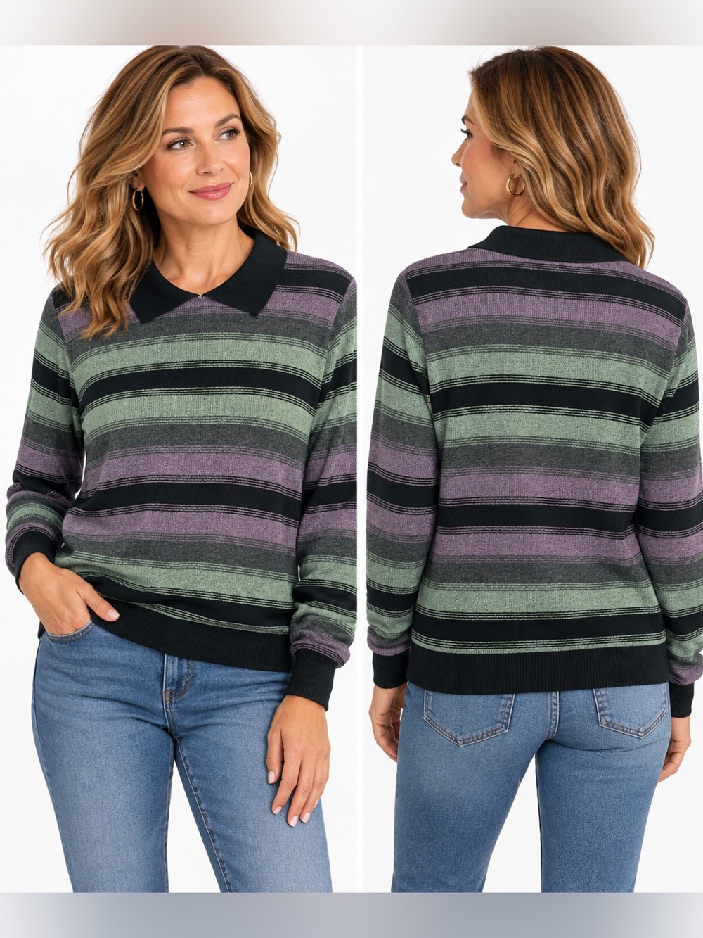 Alfred Dunner Striped Knit Polo Sweater Sage Lavender Black Retro Pullover M